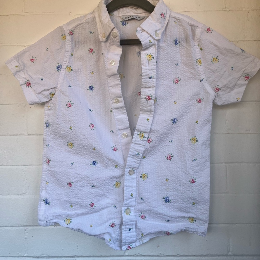 Janie and Jack White Button-Down Seersucker Shirt Floral Pattern Kids Size 7
